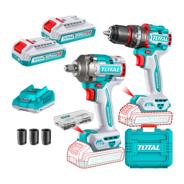 Kit Combo Total Tools 20V: Llave de Impacto 1/2" 400Nm + Taladro 13mm (2 Baterías + Cargador)